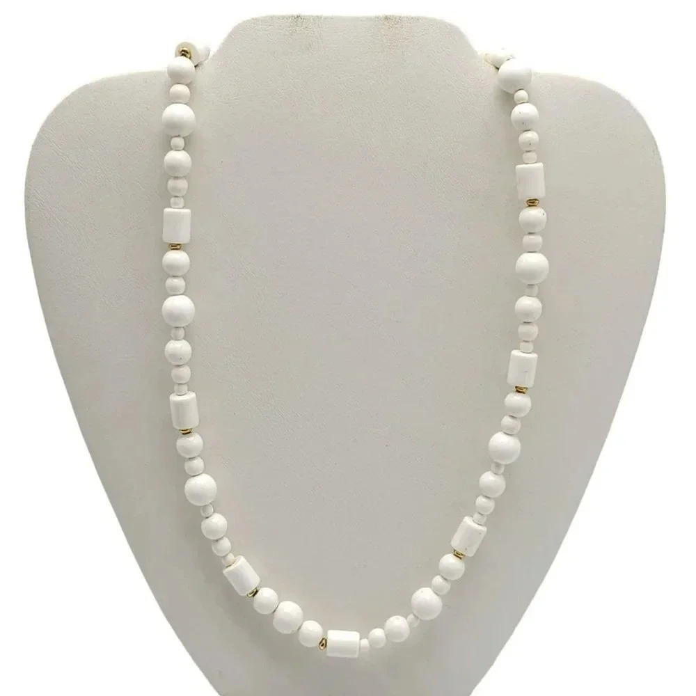 Monet White Acrylic Ball Beaded Long Necklace Lobster Closure Vintage